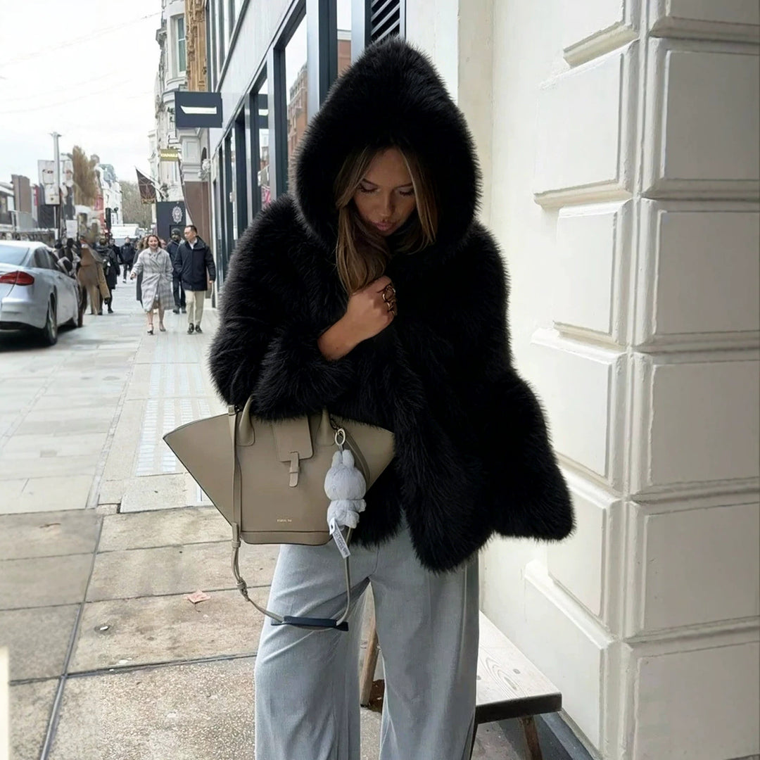 Women's Cropped Faux Fur Jacket with Hood, Dense Long Pile and Boxy Silhouette Mune Fashion