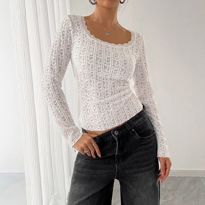 Women's fitted lace ajour long-sleeve top with square neckline Mune Fashion
