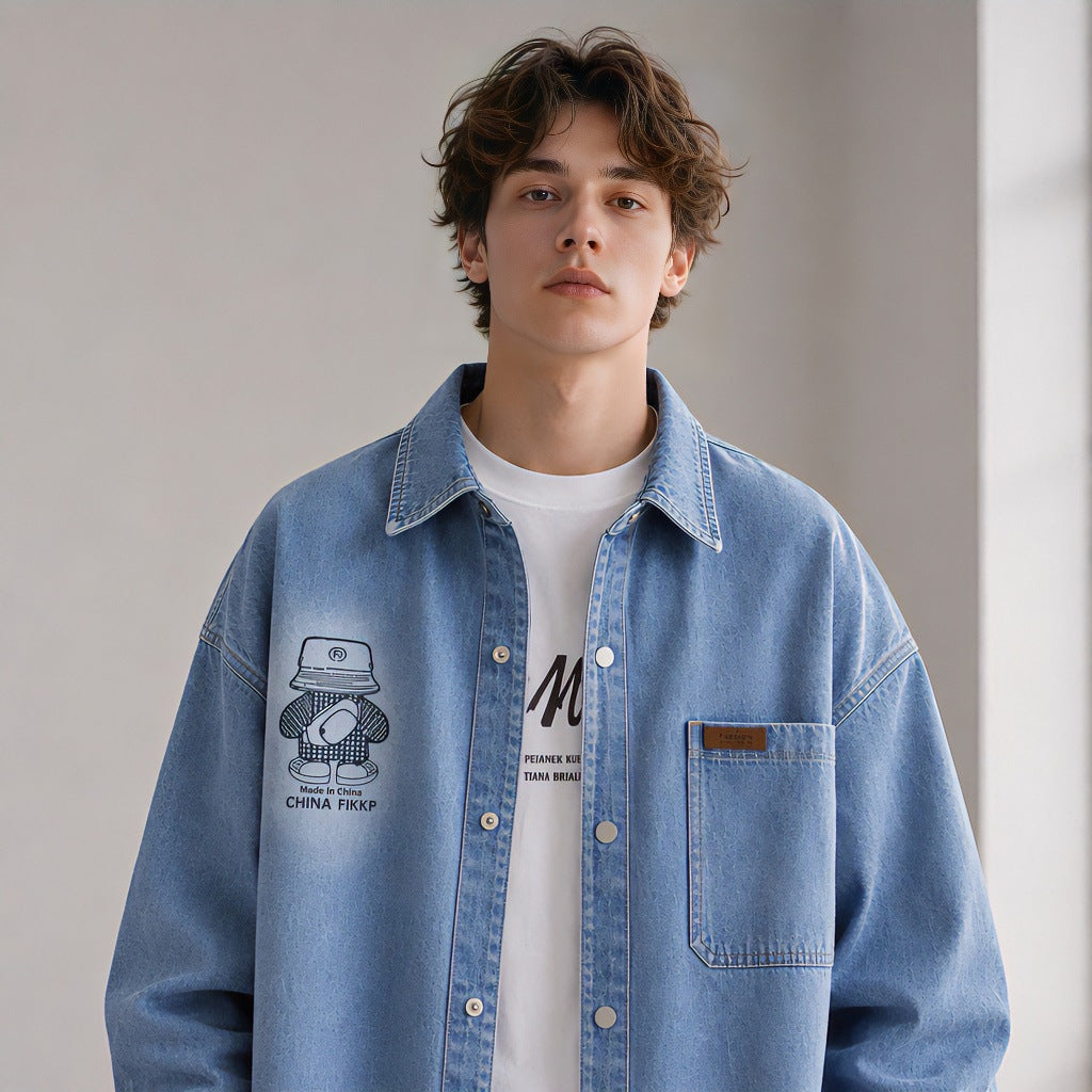 Men's Oversized Denim Shirt Jacket in Relaxed Worker Style with Chest Pocket and Snap Buttons Mune Fashion