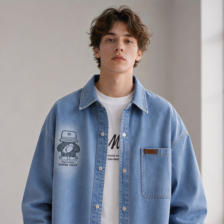 Men's Oversized Denim Shirt Jacket in Relaxed Worker Style with Chest Pocket and Snap Buttons Mune Fashion