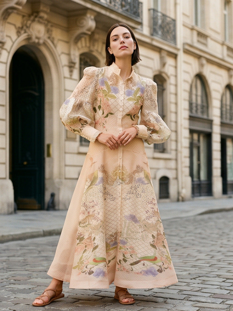 Women's maxi dress with floral print, button placket and voluminous puff sleeves Mune Fashion