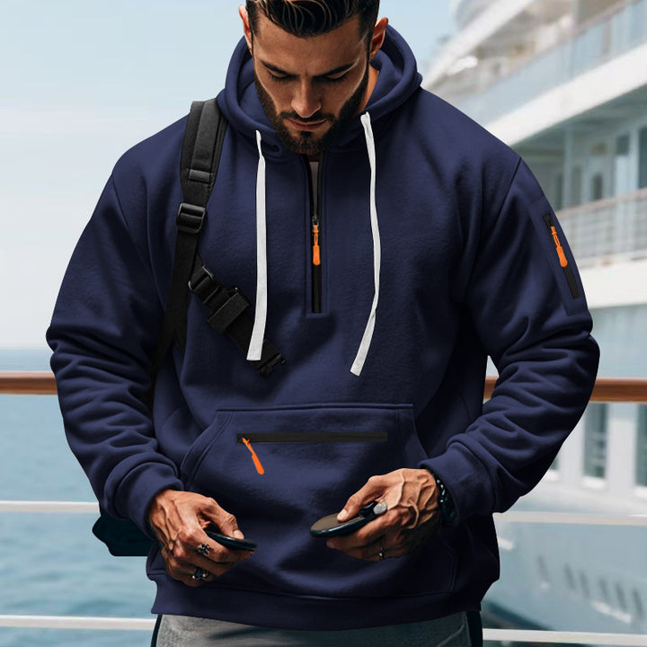 Men's nan technical half-zip outdoor hoodie with concealed kangaroo pocket, zippered arm pocket, and integrated cable channel Mune Fashion