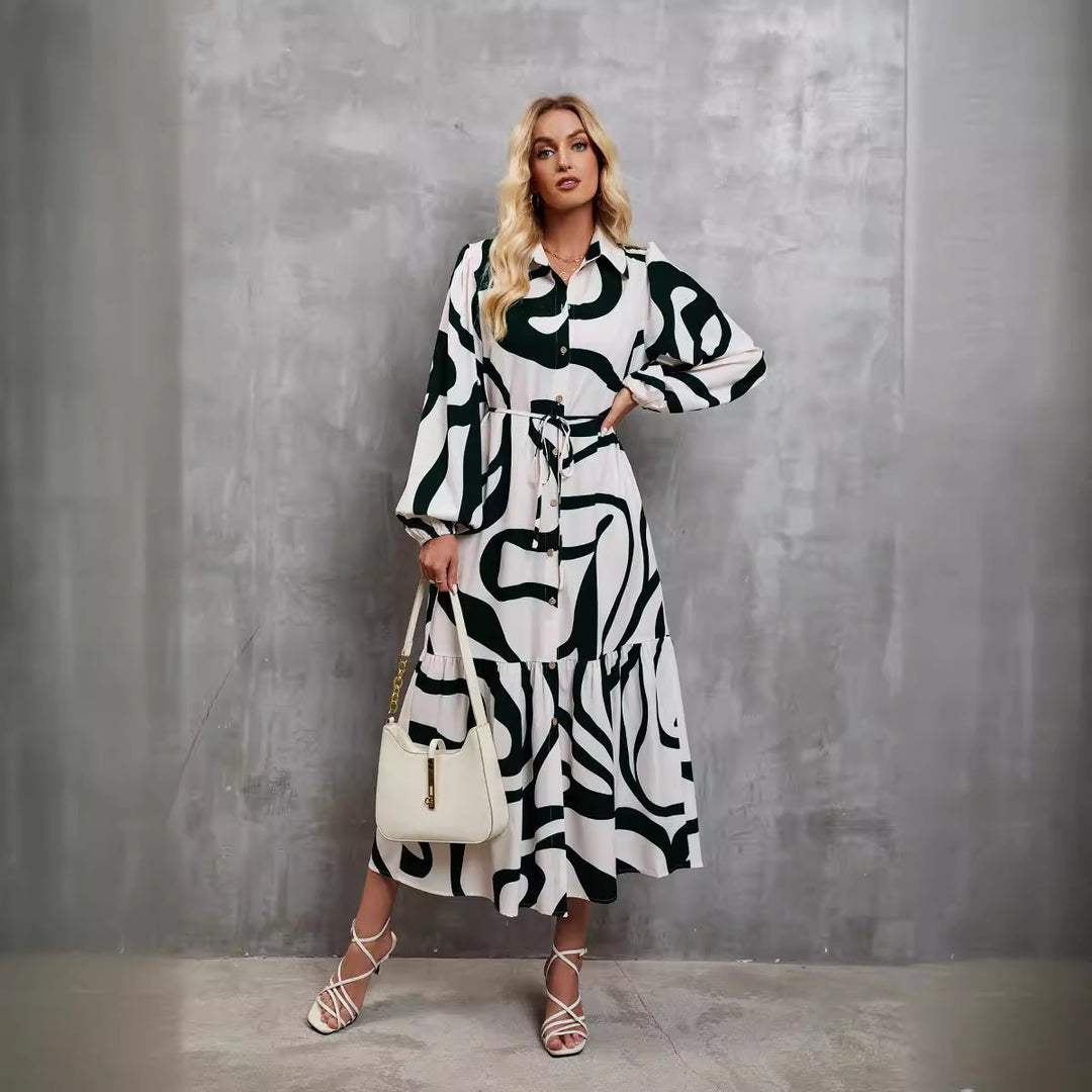 Women's patterned shirt dress with waist drawstring, full button placket and side slit Mune Fashion
