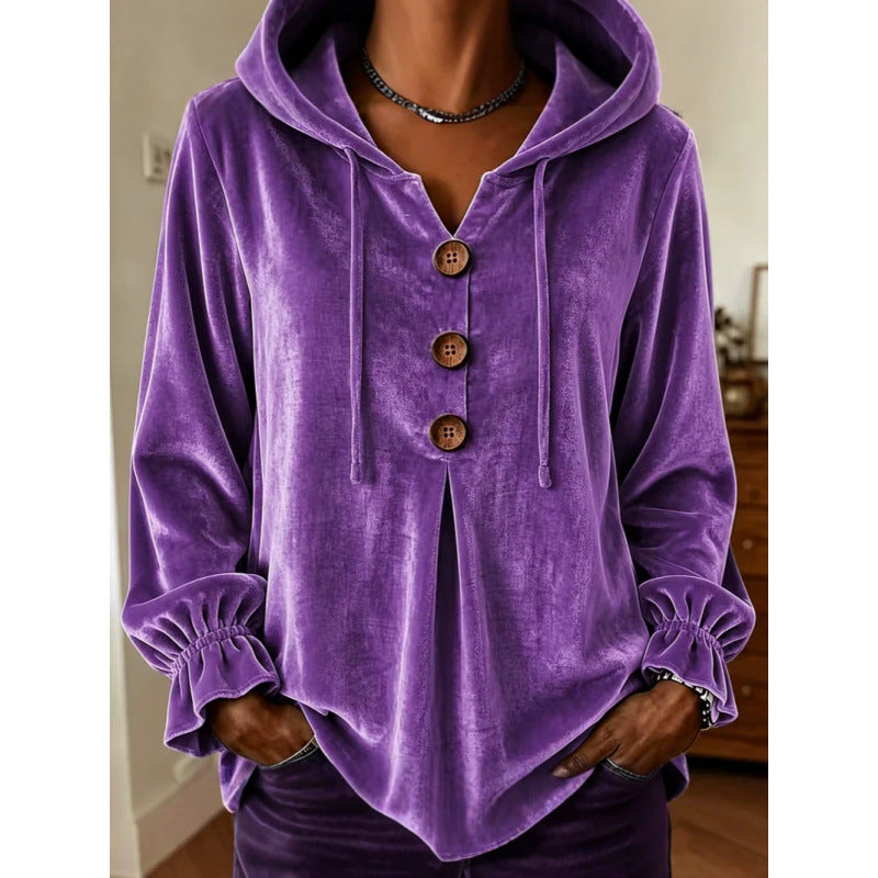 Women's Velvet Hoodie with Wooden Button Placket, Drawstring and Gathered Sleeves Mune Fashion