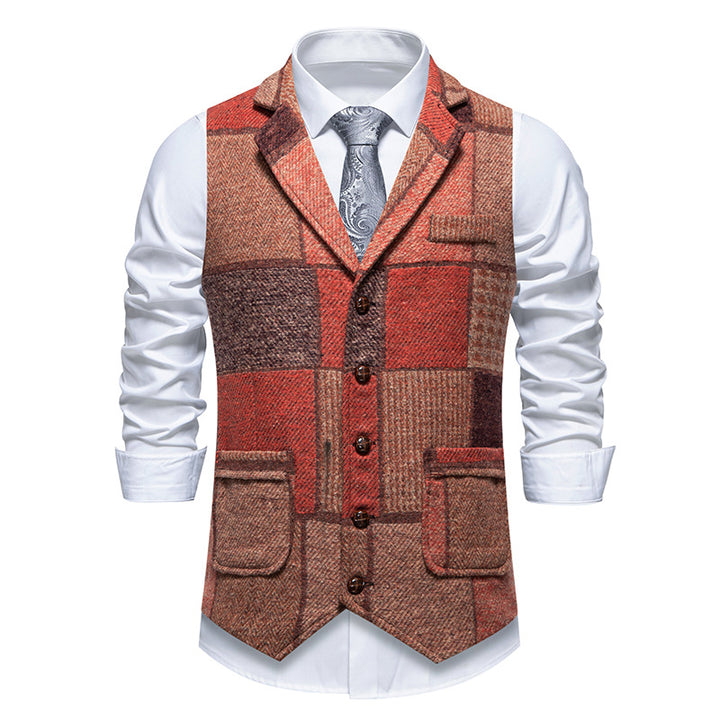 Men's nan Patchwork Vest with Notched Lapel Button Placket and Patch Pockets Mune Fashion