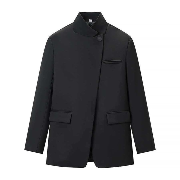 Women's tailored check blazer coat with stand-up collar, asymmetrical button placket and flap pockets Mune Fashion
