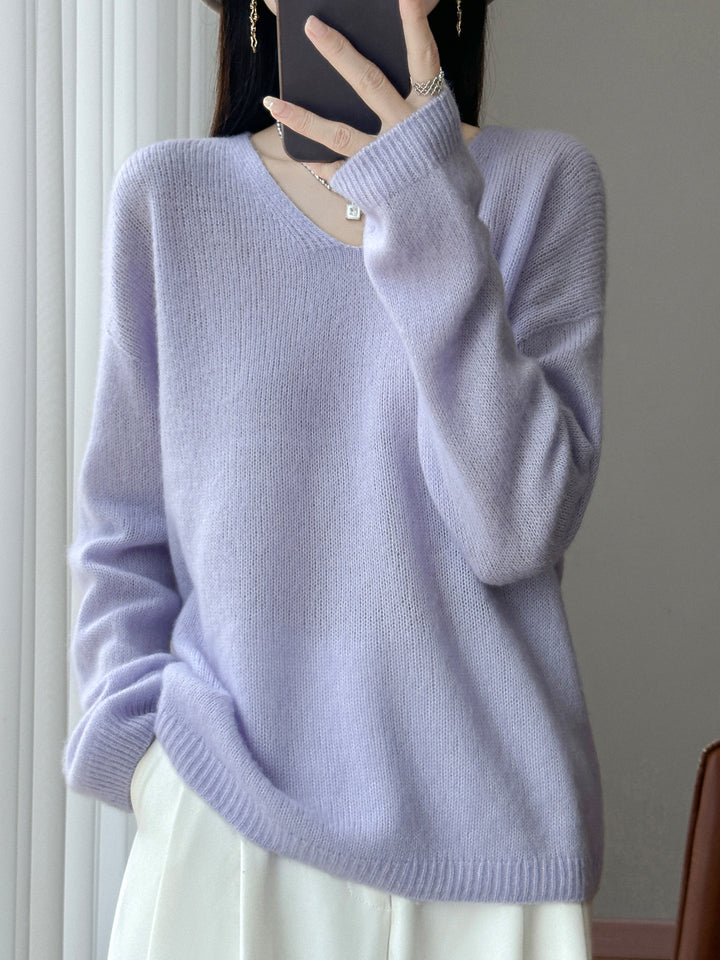 Women's Oversized Fine Knit Sweater with Fine V-Neck and Extended Sleeve Hem Mune Fashion
