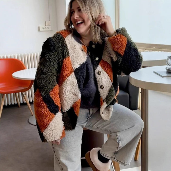 Women Short-Cut Patchwork Teddy Jacket with Textured Loop Fiber and Snap Button Placket Mune Fashion