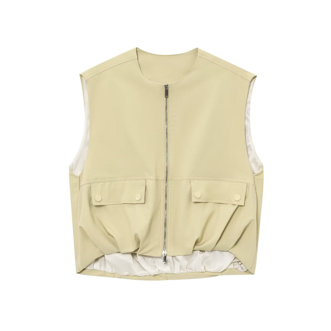Women's lightweight utility vest with full zip, patch pockets, and elastic balloon hem Mune Fashion