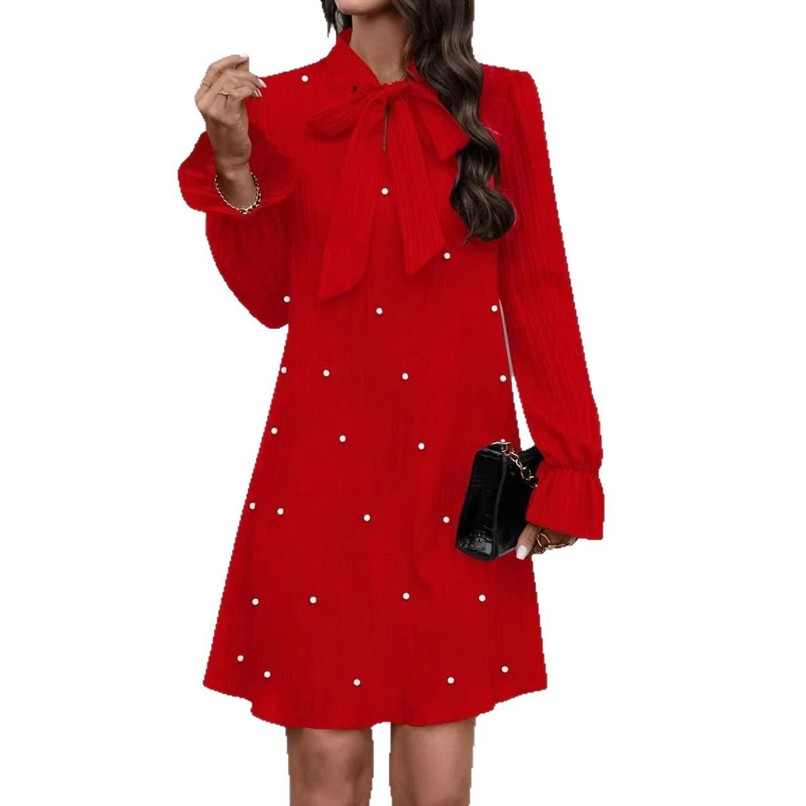 Women Elegant Mini Dress with Bow Collar and Ruffles Mune Fashion