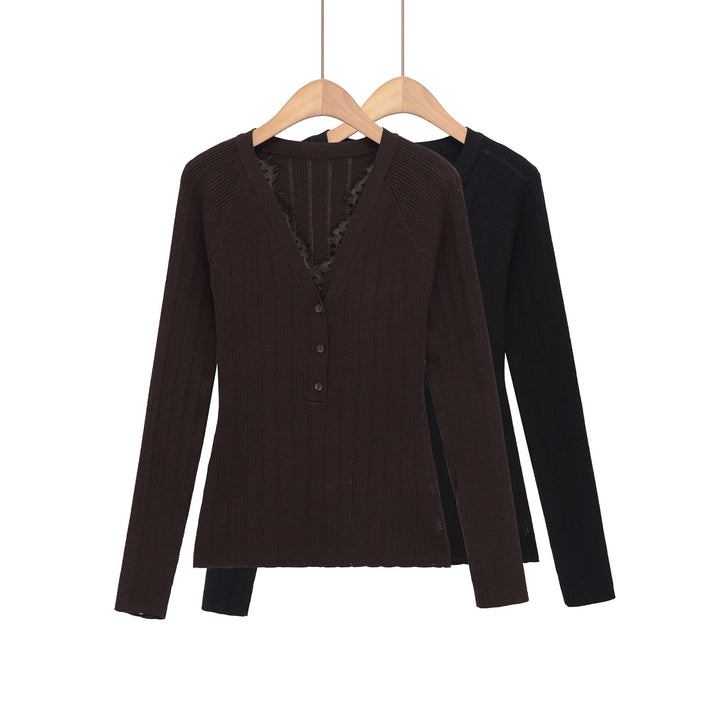 Women's Ribbed Long Sleeve Fine Knit Top with Deep V-Neck, Button Placket and Lace Trim Mune Fashion