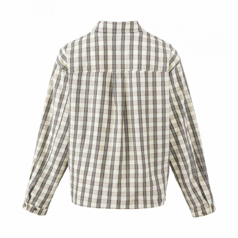 Women's Boxy Shirt Jacket with Geometric Check Pattern and Decorative Button Placket Mune Fashion