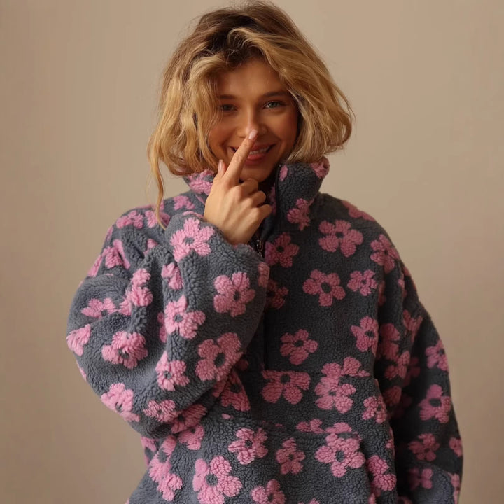 Ladies Teddy Fleece Hooded Jacket with Stand-up Collar, Floral Relief and Half Zip Mune Fashion