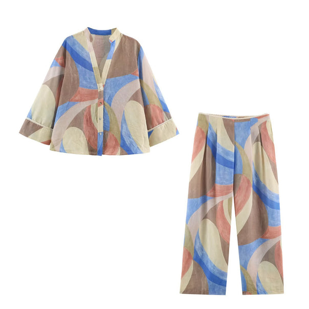 Women Wide Palazzo Pants with Abstract Watercolor Print and Elastic Waistband Drune