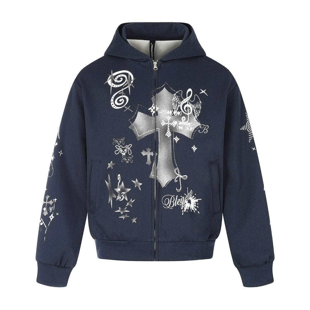 Unisex Printed Hooded Zip Jacket in Casual Boxy Cut with Full Zip Mune Fashion