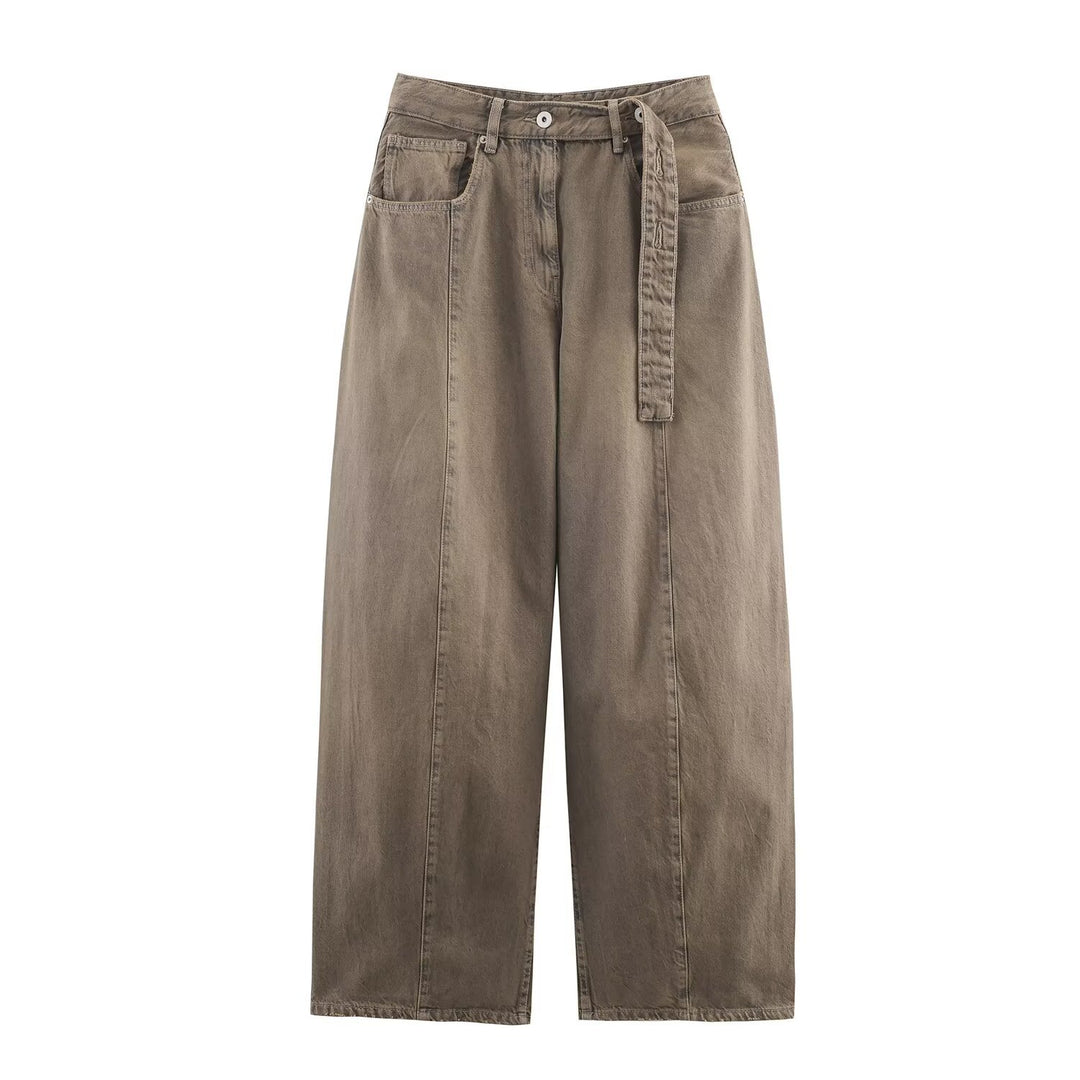 Women's wide high-waisted culotte pants with decorative seams, patch pockets and tie belt Mune Fashion