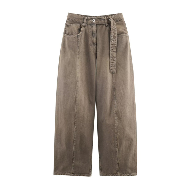 Women's wide high-waisted culotte pants with decorative seams, patch pockets and tie belt Mune Fashion