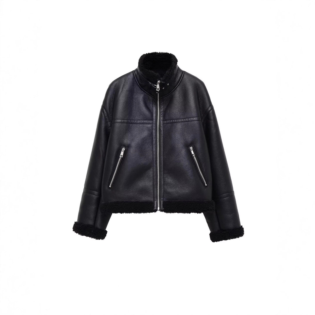 Women's Oversize Pilot Jacket made of Faux Leather with Teddy Lining and Stand Collar Mune Fashion