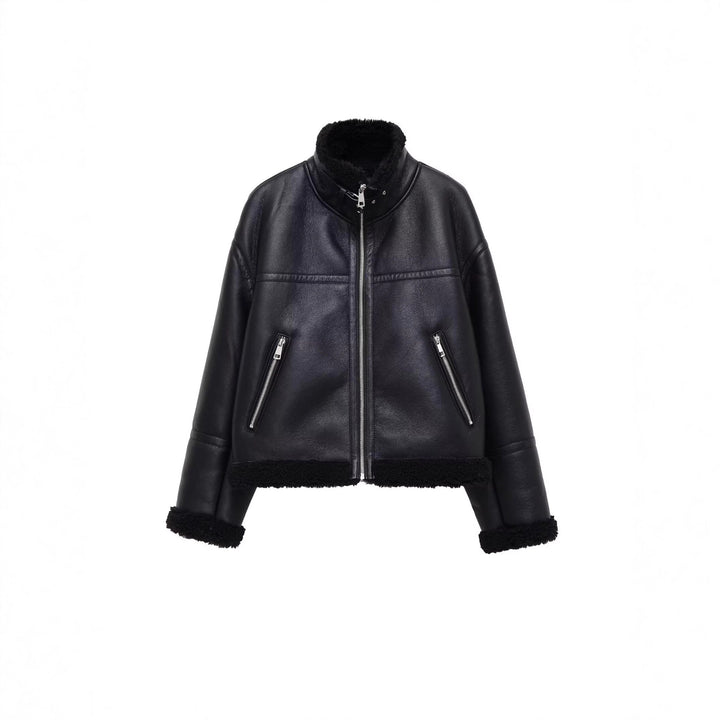Women's Oversize Pilot Jacket made of Faux Leather with Teddy Lining and Stand Collar Mune Fashion