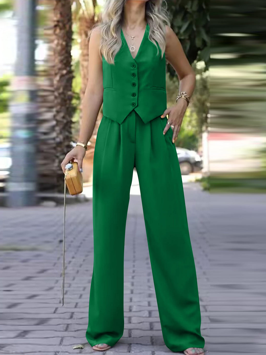 Ladies Elegant Two-Piece with Fitted Vest and Wide Palazzo Pants Mune Fashion