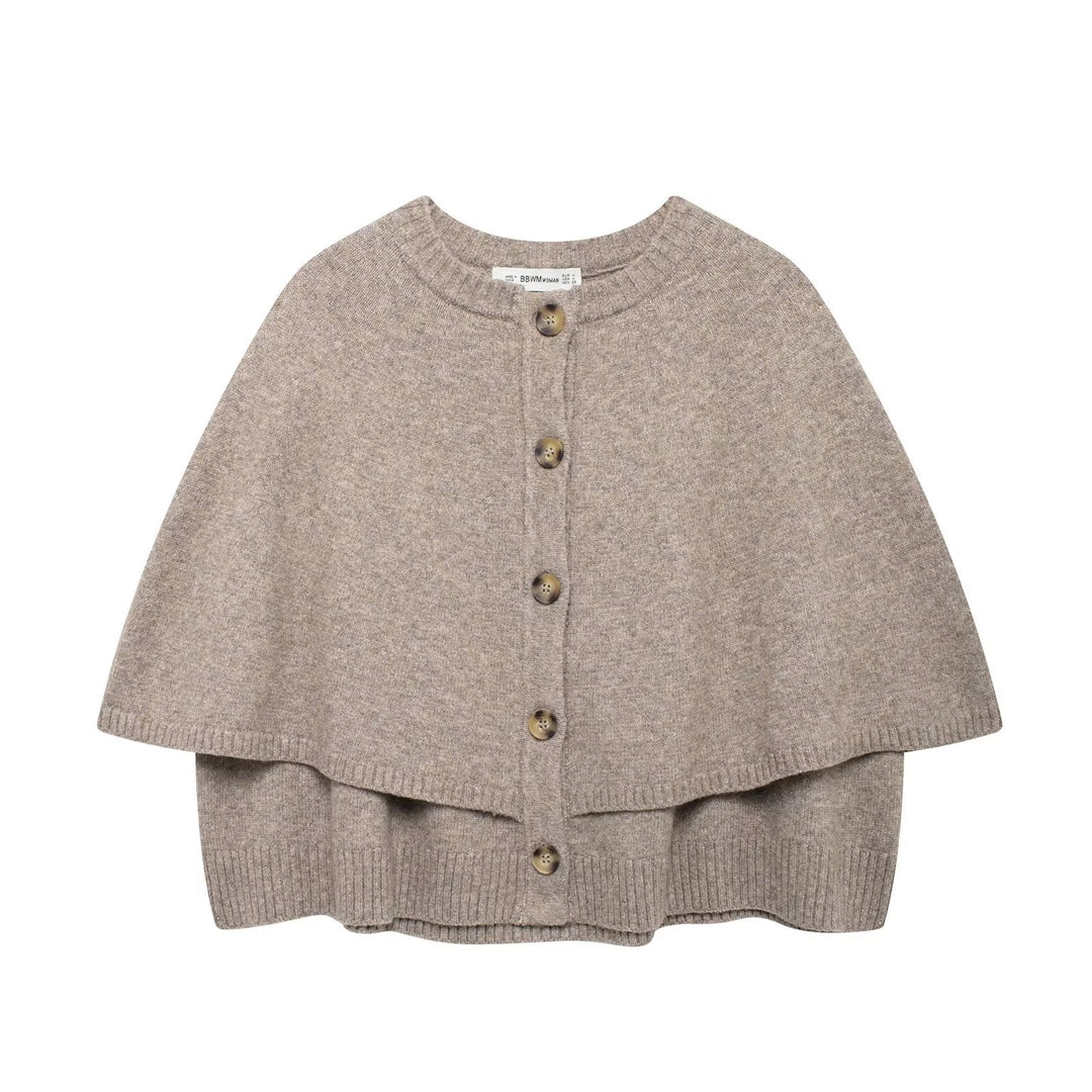 Women's Button-Front Knit Cape with Double Layer and Round Neckline Mune Fashion