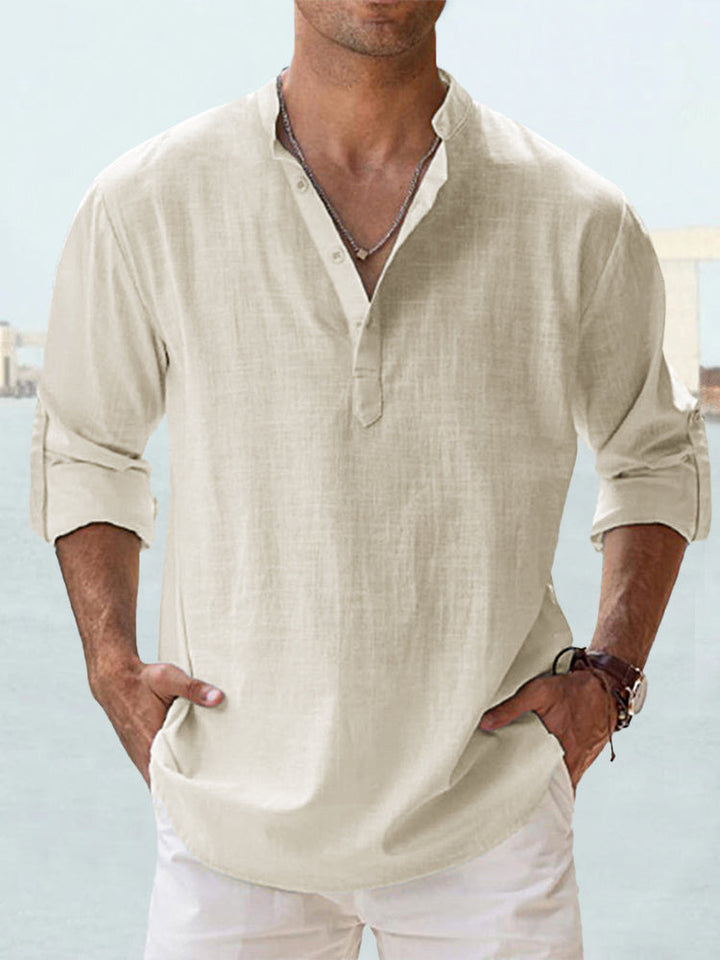 Men's nan casual linen henley shirt with stand-up collar, roll-up sleeves, and rounded hem Mune Fashion