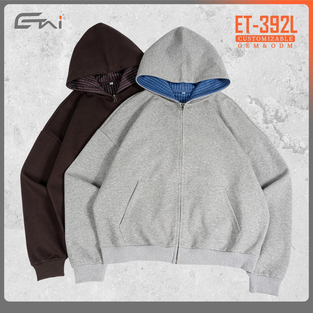 Unisex Short Cut Oversized Hoodie Jacket with Full Zipper, Checkered Lined Hood and Kangaroo Pocket Mune Fashion