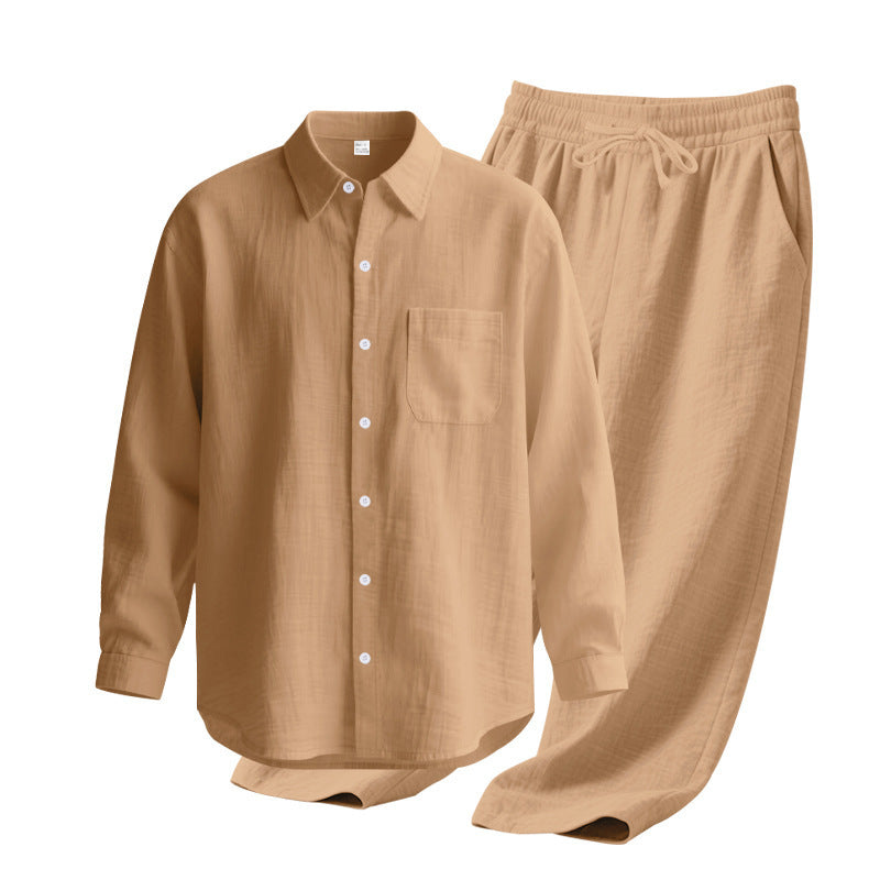 Men's light house suit made of cotton gauze with kent collar shirt, breast pocket and drawstring pants Mune Fashion