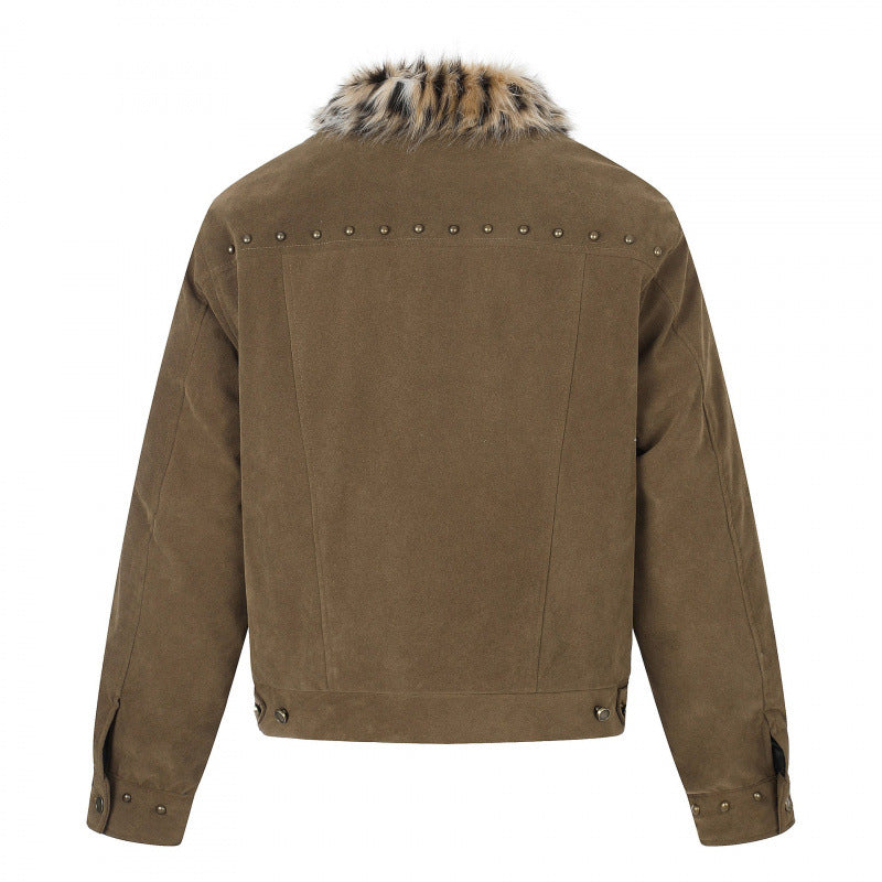 Men's short jacket made of suede leather imitation with faux fur collar and stud details Mune Fashion