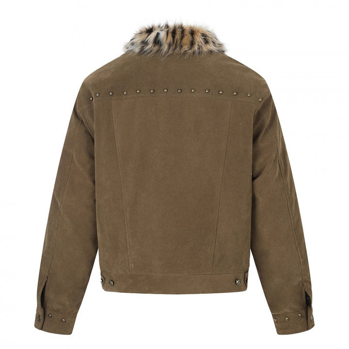 Men's short jacket made of suede leather imitation with faux fur collar and stud details Mune Fashion