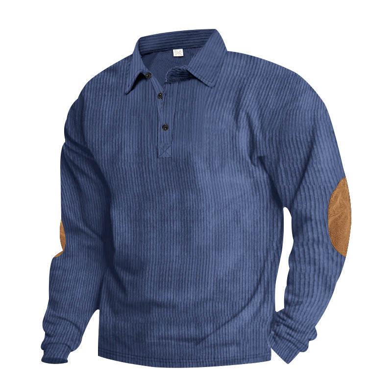 Men's heavy ribbed cotton polo sweater with Kent collar, triple button placket, and suede elbow patches Mune Fashion