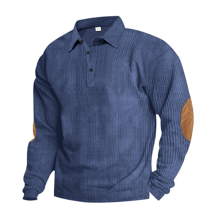 Men's heavy ribbed cotton polo sweater with Kent collar, triple button placket, and suede elbow patches Mune Fashion
