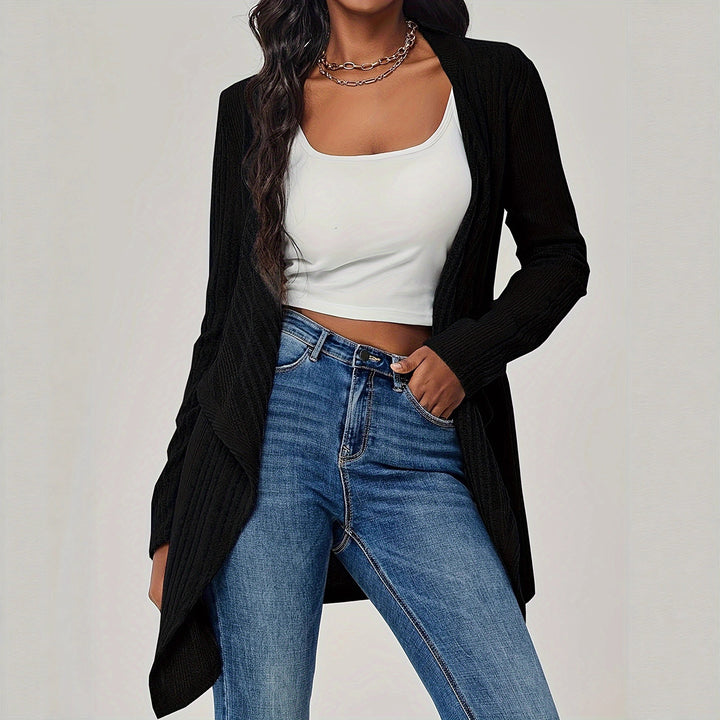 Ladies Open Ribbed Knit Cardigan with Waterfall Collar Mune Fashion