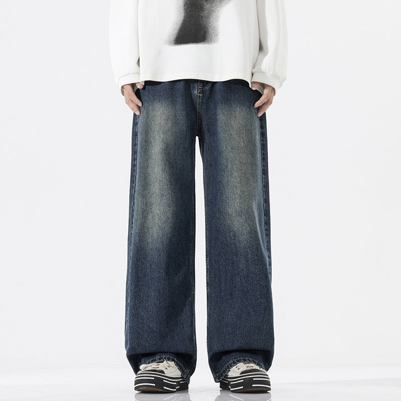Men's Wide Floor-Length Denim Palazzo Pants with Extended Hem and Soft Used Accents Mune Fashion