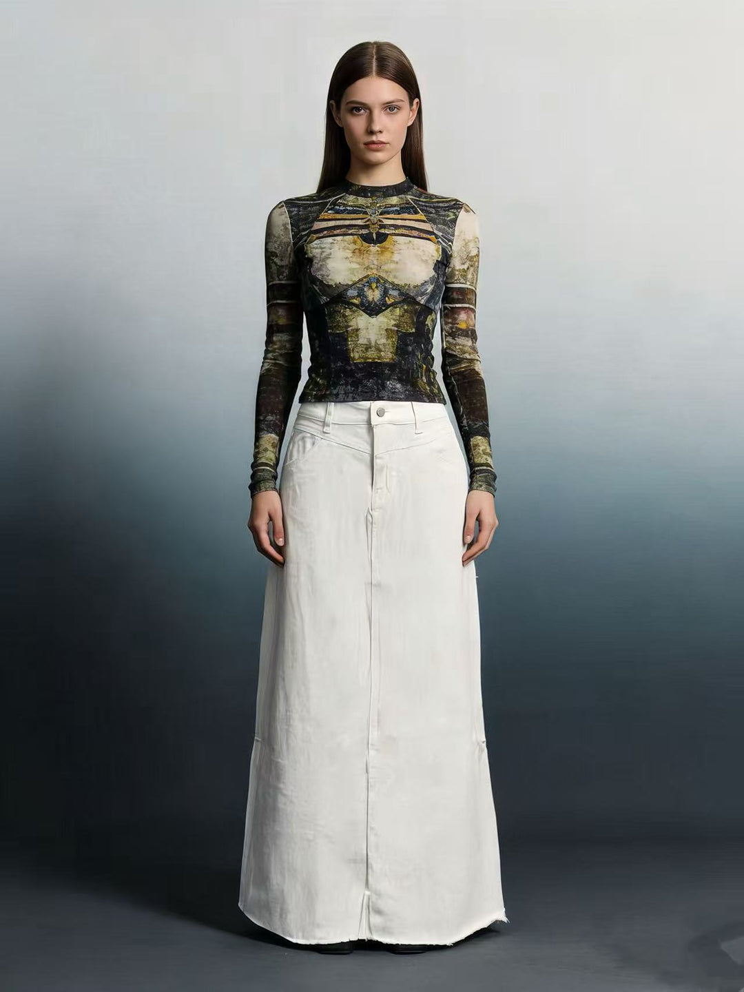 Ladies nan longer High-Waist Denim Maxi Skirt with straight silhouette and raw hem Mune Fashion