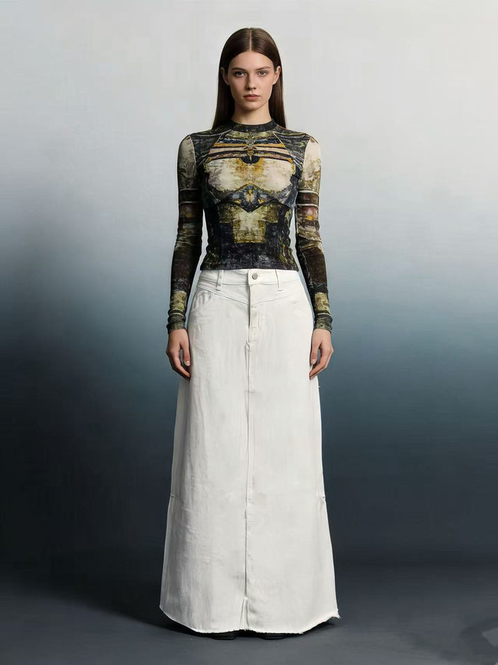 Ladies nan longer High-Waist Denim Maxi Skirt with straight silhouette and raw hem Mune Fashion