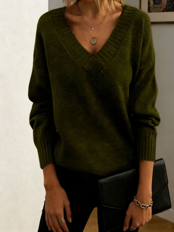 Women's fine knit sweater with deep V-neck and dropped shoulder Mune Fashion