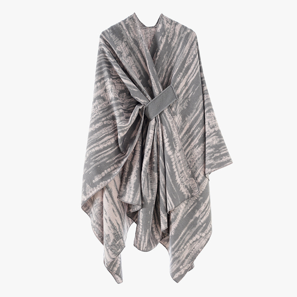 Ladies Jacquard cape cover-up with structured wave pattern, tie belt and asymmetrical hemline Mune Fashion