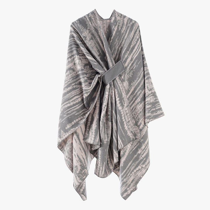 Ladies Jacquard cape cover-up with structured wave pattern, tie belt and asymmetrical hemline Mune Fashion