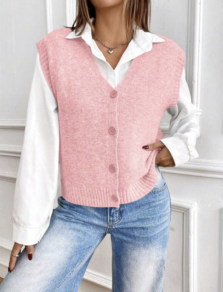 Ladies Knit Vest with V-Neck and Stylish Buttons Mune