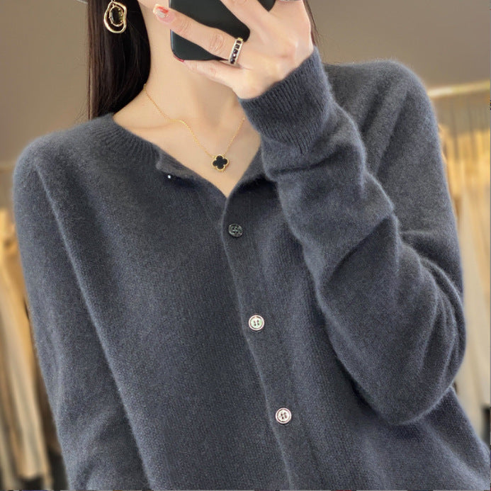 Women's Short-Cut Cardigan in Mohair-Look with Round Neckline and Pearl Buttons Mune Fashion