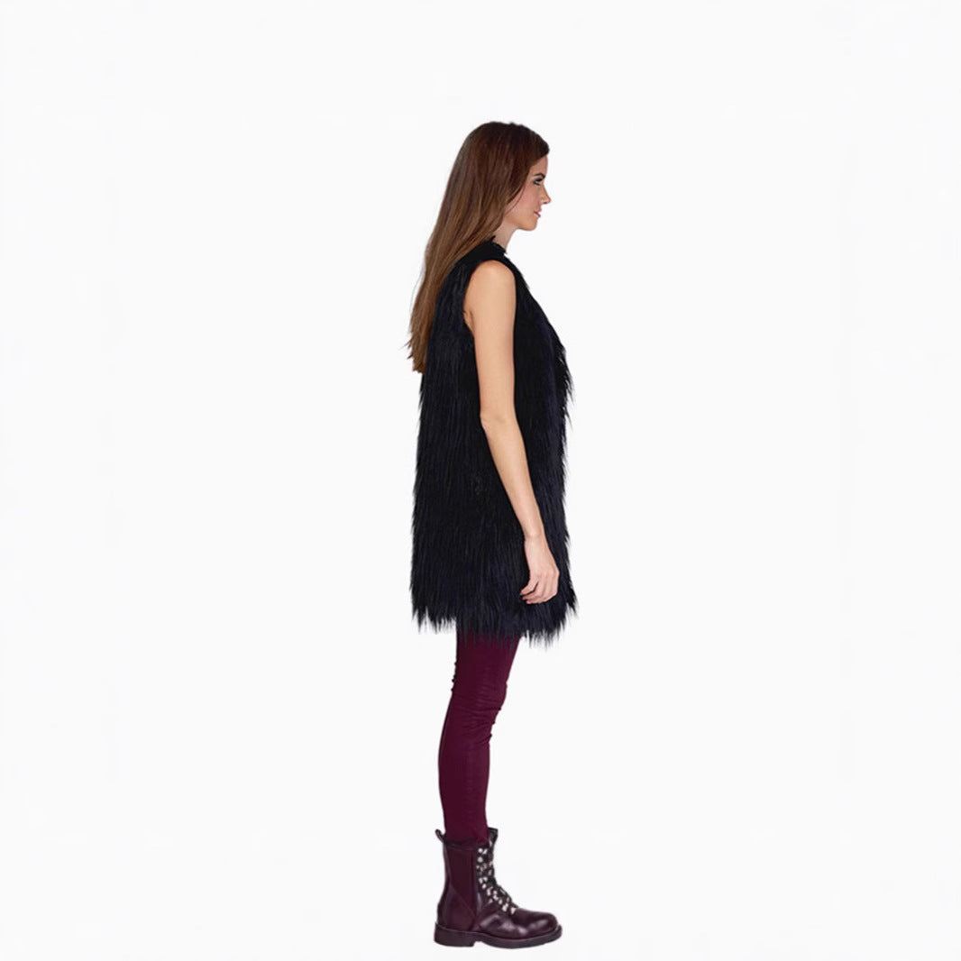 Ladies long sleeveless shaggy faux fur vest with concealing A-line and soft high-pile Mune Fashion