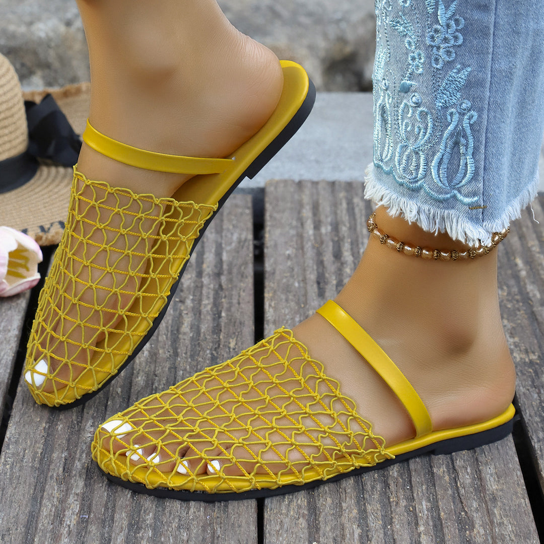 Women woven net mules with slip-on function, open heel and flexible lightweight sole design Mune Fashion