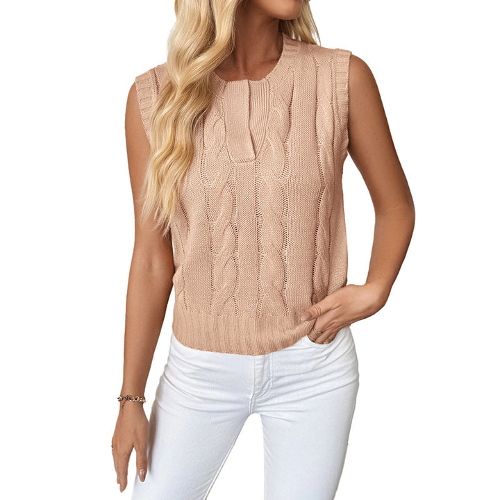 Women's Sleeveless Cable Knit Vest with Slit Collar Mune Fashion
