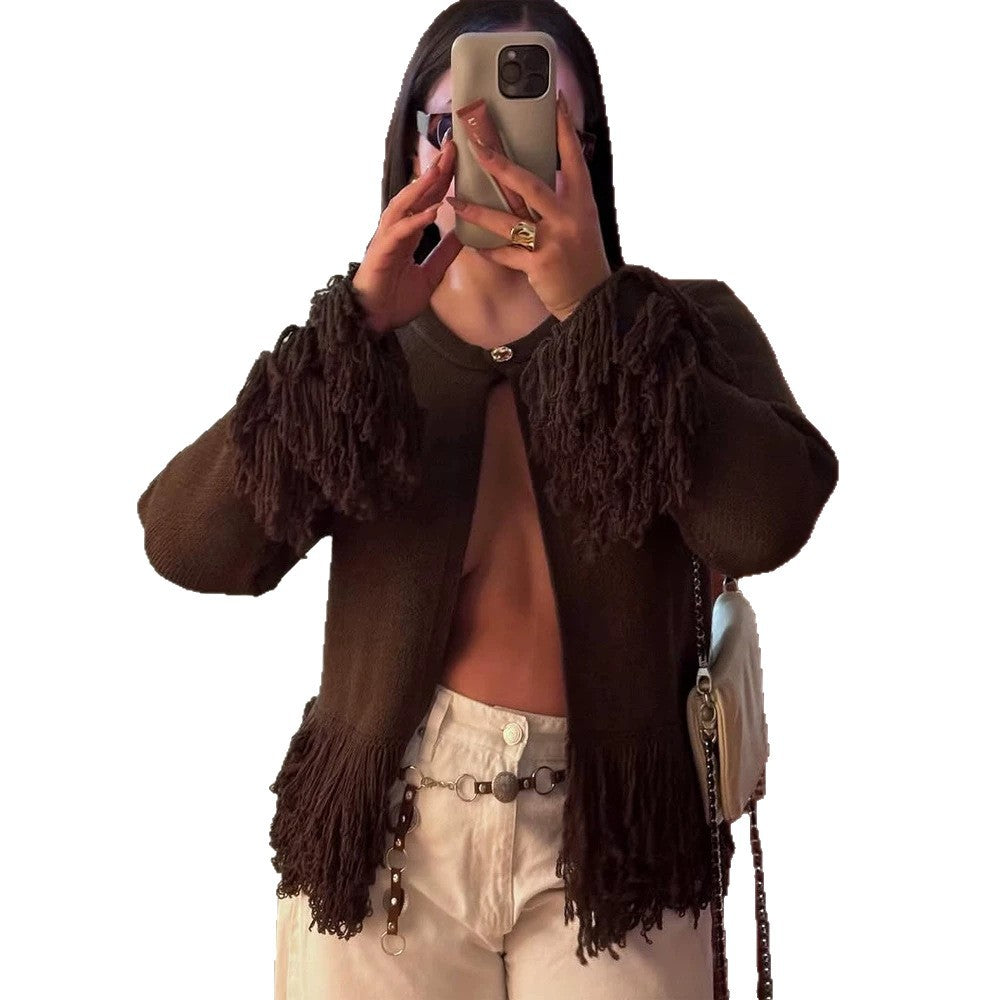 Women's cardigan with layered fringes, mother-of-pearl closure and boxy silhouette Mune Fashion