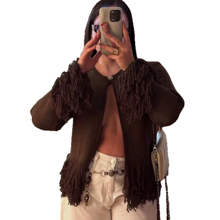 Women's cardigan with layered fringes, mother-of-pearl closure and boxy silhouette Mune Fashion