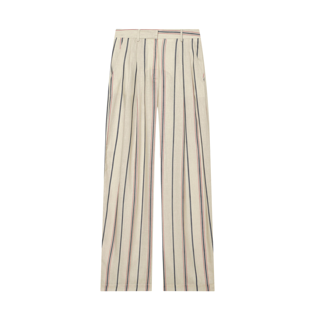 Women's loose linen trousers with pleats, high waistband and vertical stripes Mune Fashion