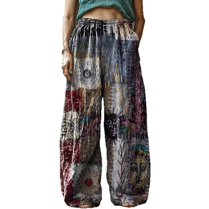 Women's Wide Leisure Pants with Ethnic Patchwork Pattern Mune Fashion