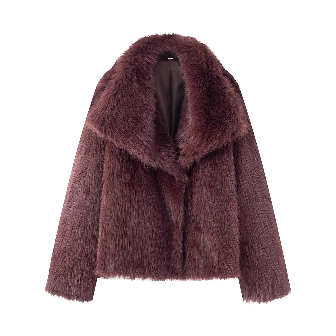 Women's Short Boxy Faux Fur Coat with Generous Shawl Collar and Soft Lining Mune Fashion