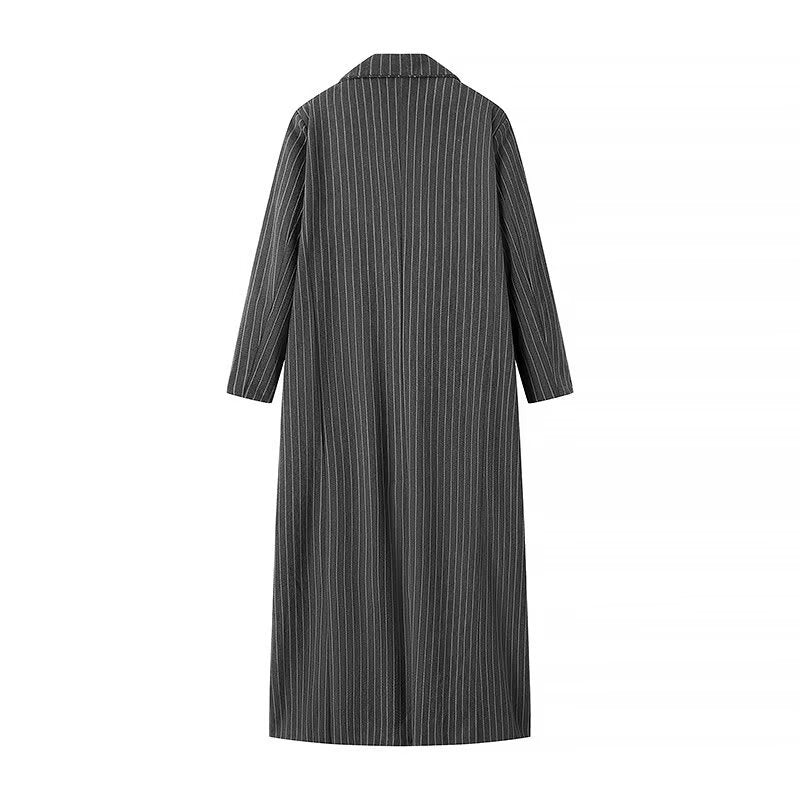 Women Longline Wool Blend Coat with Pinstripes, Tailored Lapel and Flap Pockets Mune Fashion